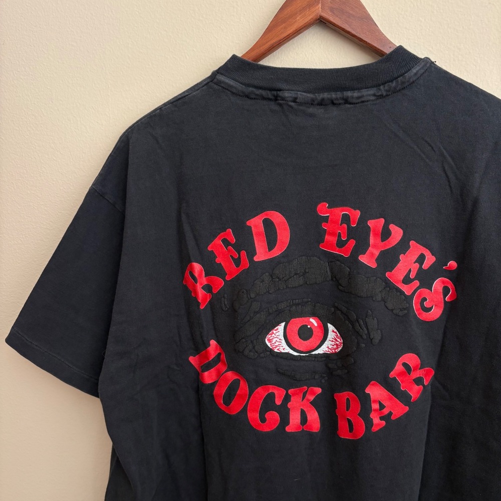 Vintage 1990's Hanes Beefy T Red Eyes Dock Bar Puffy Print Faded Bar T Shirt